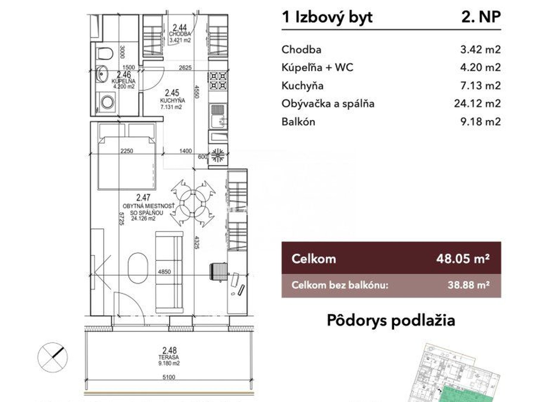 1 izbový byt 38,88 m² , Novostavba
