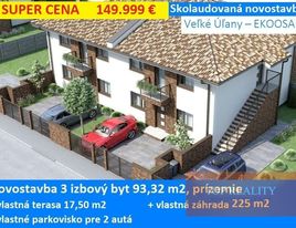 SUPER CENA 149.999 € - Skolaudovaná Novostavba dokončená v štandarde 3 izbový byt 93,32 m2 s terasou, záhradou 225 m2 a parkoviskom pre 2 autá. Veľké Úľany