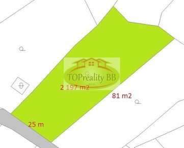 Investícia  - Slnečný  pozemok  2 197 m2, 25 m x 81 m, 20 km od Banskej Bystrice - cena  108 000 €