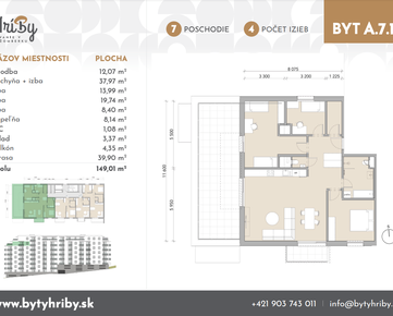 Prémiový 4 izbový byt na 7. podlaží s veľkometrážnou terasou s výhľadom na mesto v novostavbe Hríby, (A71)