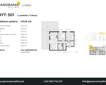 3 izbový byt na najvyššom podlaží s veľkometrážnou 60m² terasou v projekte Panorama Žilina, byt č. 501