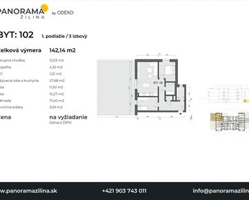 3 izbový byt s veľkometrážnou 72 m² západnou terasou v projekte Panorama Žilina, byt č.102