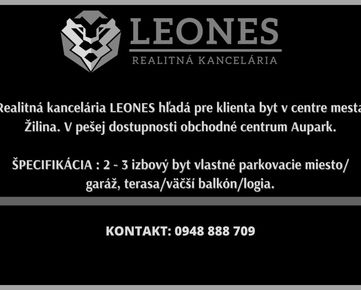 Realitná kancelária LEONES hľadá byt v centre mesta Žilina.